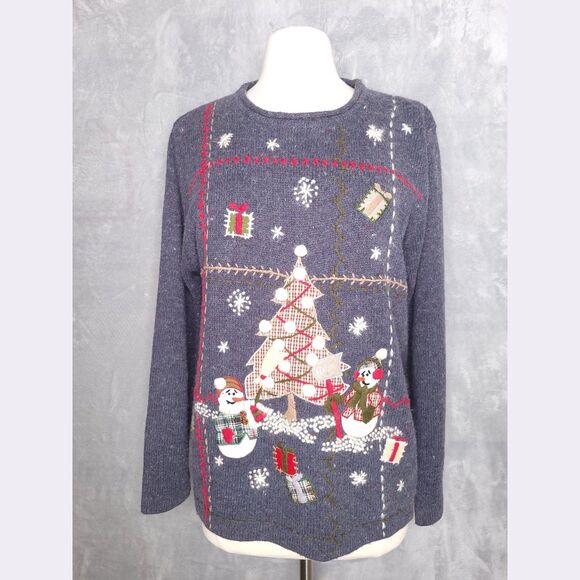 Vintage Ugly Christmas Sweater Snowmen Size L Blue Holiday Knit Embroidered - Picture 1 of 8